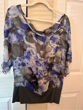 Women’s Charlotte Russe Blue, Black & Gray Watercolor Print Sheer Blouse Sz:L
